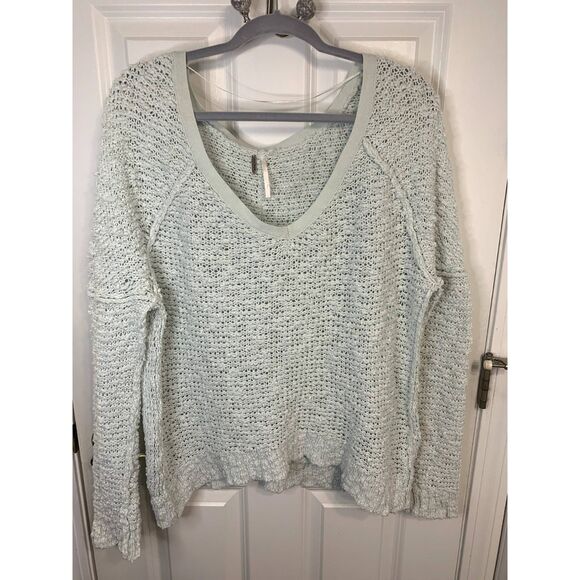 Free People Songbird Seafoam Oversized Chunky Knit V-Neck Sweater Size Small - Picture 1 of 4